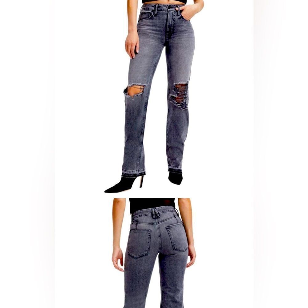 Good American ripped up distressed black jeans.  Stretchy and hi-waist size 0/25